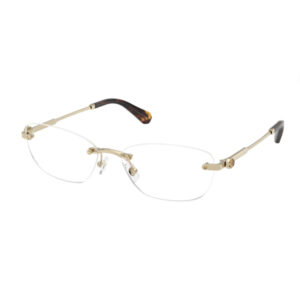 Gold-tone rimless eyeglasses with tortoiseshell temple tips on a white background.