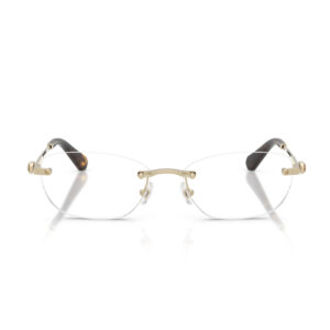 Rimless eyeglasses with a gold bridge and nose pads, clear lenses, and dark temple tips, photographed head-on