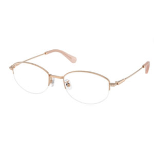 Rose-gold rimless eyeglasses with pink temple tips and clear lenses.