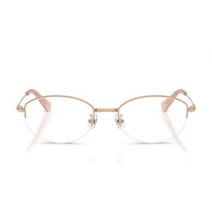 Rimless eyeglasses with a rose-gold frame and pink temple tips, shown from the front.