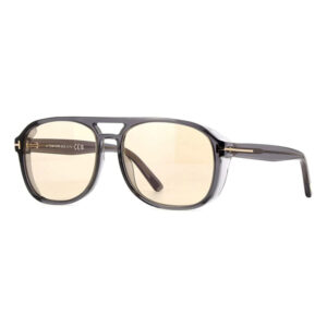 Grey plastic sunglasses with light brown/yellow-tinted lenses on a white background