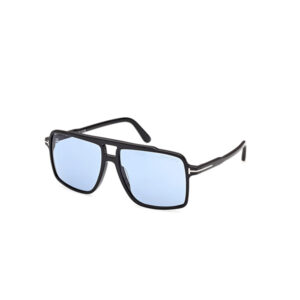 Black-framed sunglasses with light blue lenses, semi-rimless design, positioned on a white background.