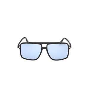 Black-framed sunglasses with light blue mirrored lenses shown against a white background, front view.