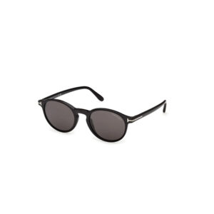 Black round sunglasses with dark lenses and black temples, TOM FORD branding on the arms