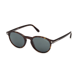 Tortoiseshell round sunglasses with dark lenses and Tom Ford branding on the lens and temples.