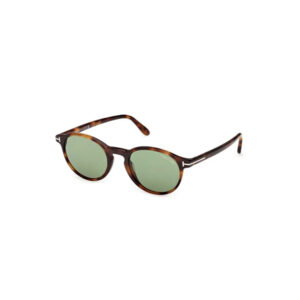 Tortoiseshell sunglasses with green lenses, oval rounded frames, product photo on white background