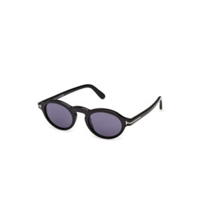 Black round sunglasses with dark blue lenses on a white background.