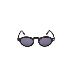 Black sunglasses with oval purple-tinted lenses on a white background.
