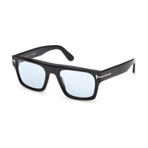 Black rectangular eyeglasses with light blue-tinted lenses, full-rim frame, stylish design