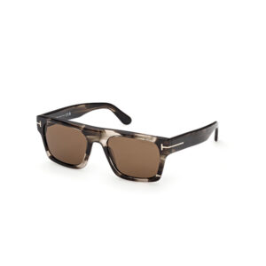 Brown-tinted rectangular sunglasses with a dark tortoiseshell frame on a white background.