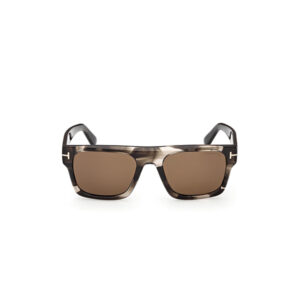 Tortoiseshell sunglasses with brown rectangular lenses on a white background, centered.