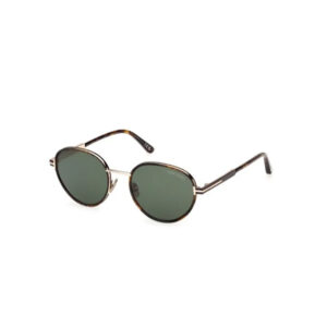 Round sunglasses with dark green lenses and tortoiseshell frame on a white background, Tom Ford branding visible on lens edge.