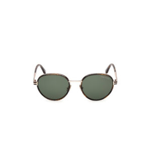 Round tortoiseshell sunglasses with dark green lenses and gold bridge, Tom Ford logo on lens edge.