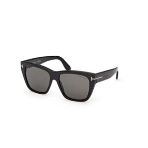Black Tom Ford sunglasses with gray lenses and subtle gold accents on the temples set against a white background