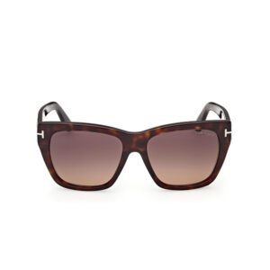 Tortoiseshell rectangular sunglasses with gradient brown lenses (Tom Ford) shown against a white background, front view with subtle logo on lens corner.