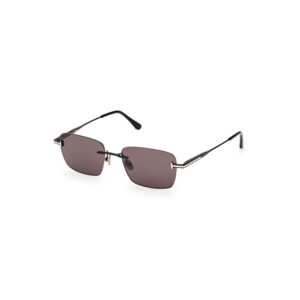 Sunglasses with rectangular brown lenses and a slim metal frame, black temples, and nose pads.