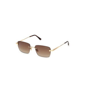 Gold metal-framed sunglasses with brown gradient square lenses on a white background, stylish eyewear product.