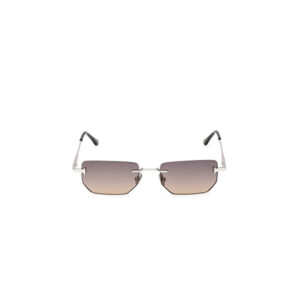 Rectangular-lens sunglasses with a thin metal frame, gradient purple-to-brown lenses, nose pads, and black temple tips on a white background