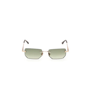 Gold metal-framed sunglasses with rectangular green-tinted lenses and visible nose pads.