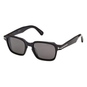 Black Tom Ford rectangular sunglasses with dark lenses and subtle metal details on the temples