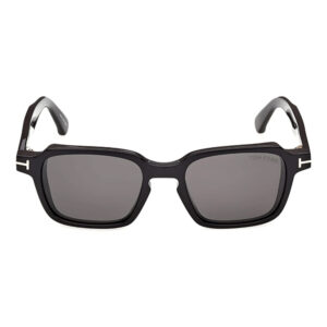 Tom Ford black rectangular sunglasses with gray lenses and distinctive 'TF'/T logo on the temples.
