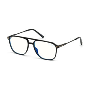 Black rectangular eyeglasses with a slim frame and blue-tinted lenses; TOM FORD branding on the temple hinge edge.