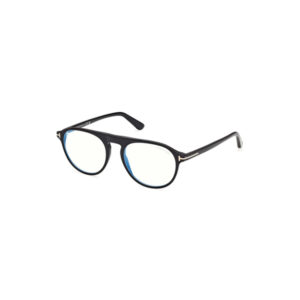 Black-rimmed eyeglasses with round lenses and blue inner accents on a white background.