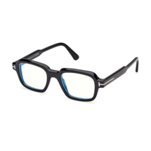 Black rectangular eyeglasses with blue inner rims, shown from a three-quarter view, angled on a white background.