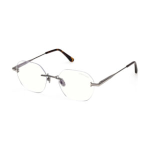 Rimless metal eyeglasses with rectangular lenses and tortoiseshell temple tips, Tom Ford.