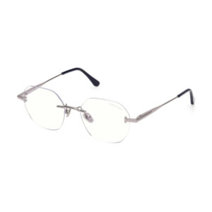 Rimless metal eyeglasses with clear lenses and dark temple tips on a white background.