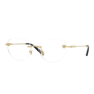 Gold oval-lens eyeglasses with a thin metal frame and black temple tips on the ends.