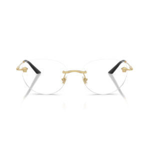 Gold-rimless eyeglasses with black temple tips on a white background.