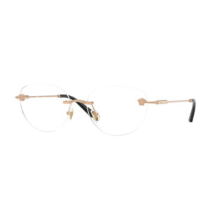 Gold-tone round eyeglasses with clear lenses and black tips, featuring decorative lion head accents on the bridge and temples.