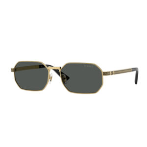 Versace gold-framed sunglasses with dark lenses and Greek-key patterned temples