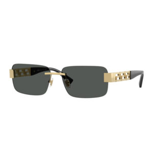 Designer rectangular sunglasses with dark grey lenses and a gold metal frame on a white background.