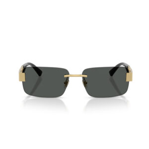 Sunglasses with rectangular dark lenses and a gold metal bridge and accents, facing forward.