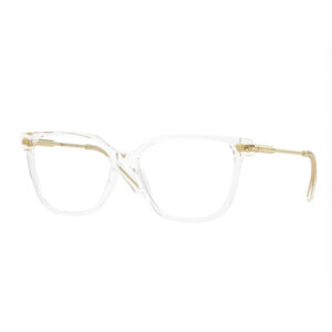 Clear plastic eyeglasses with gold-tone hinges and temples, minimalist design