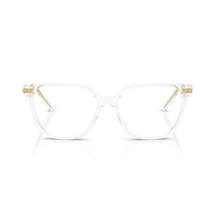 Clear-framed eyeglasses with gold-accent hinges photographed against a white background, front view