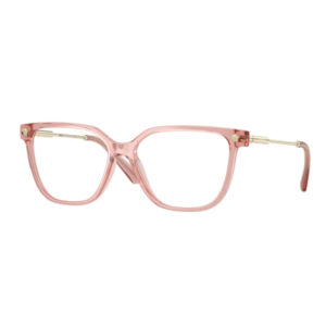 Pink translucent rectangular eyeglasses with gold-tone hinges.
