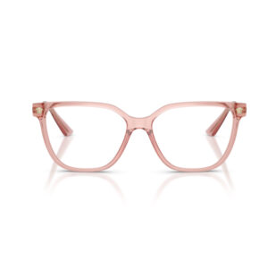 Pink translucent rectangular eyeglasses shown from the front on a white background.