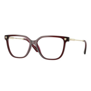 Burgundy square-frame eyeglasses with gold metal temples and black temple tips.