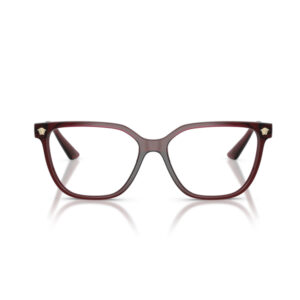 Red rectangular eyeglasses with clear lenses and small gold emblems on each temple.