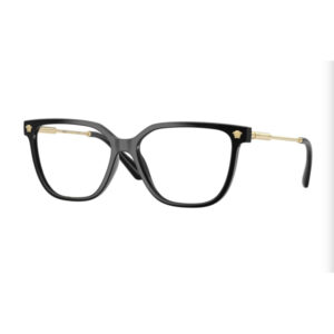 Black rectangular eyeglasses with gold-toned temples and crest logos at the hinges used for fashion eyewear.