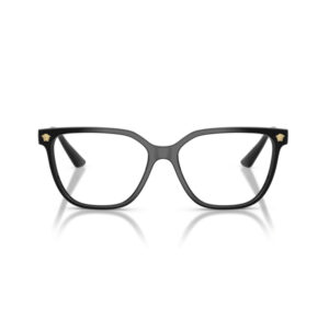 Black rectangular eyeglasses with a slim frame and small gold emblem on each temple.