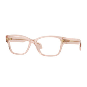 Pink translucent rectangular eyeglasses frame with clear lenses on a white background.