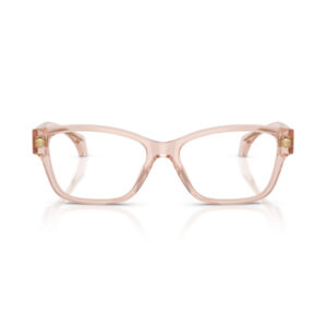 Pink translucent rectangular eyeglasses with clear lenses.