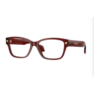 Red rectangular Versace eyeglasses with gold logo accents on the temples, displayed on a white background.
