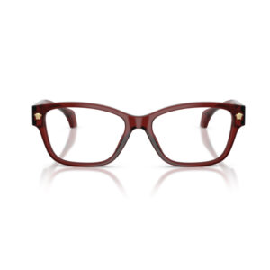 Red rectangular eyeglasses with thick burgundy frames, gold accents at the hinges, on a white background
