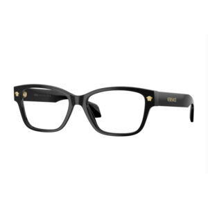 Black rectangular Versace eyeglasses with gold Medusa logo on the temples, front view