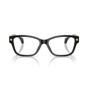 Black rectangular eyeglasses with subtle gold emblem on the hinges, shown on a white background with a soft reflection.